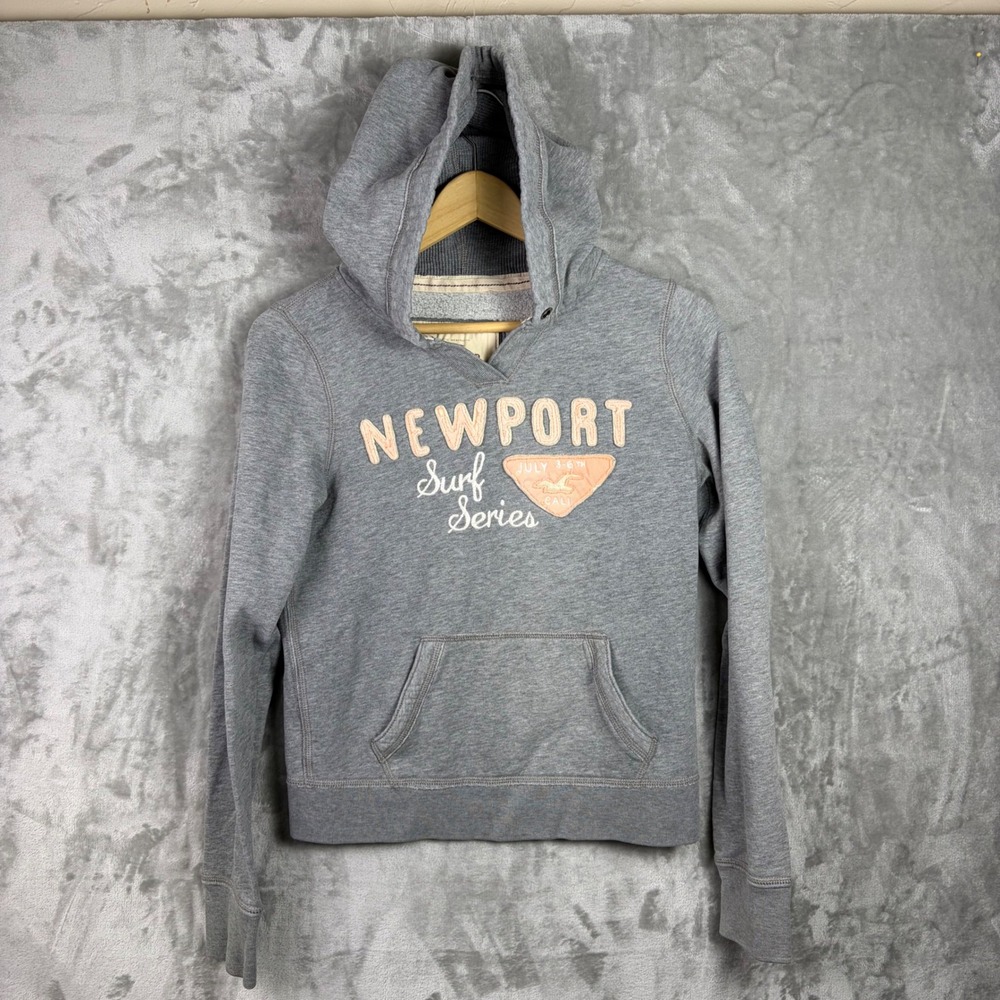 Y2K Hollister Hoodie Sweatshirt Women Size Large Gray Pink Logo Pullover Coastal